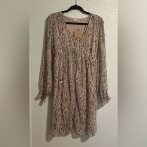 Taupe mix print chiffon dress with sleeves.